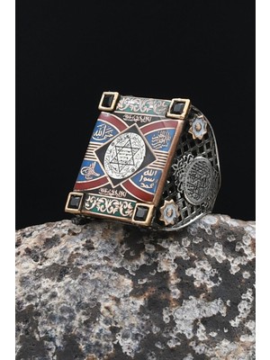 Prestige Gümüş Özel Tasarım Mineli Hz. Süleyman Mührü ve Kelime-I Tevhid ve Mührü Şerif ve Hasbiyallah Yazlı Gümüş Yüzük 902531