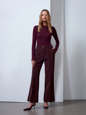 Dilvin 72252 Dikiş Detaylı Süet Görünümlü Pantolon-Bordo