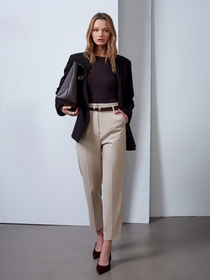 Dilvin 72239 Kemerli Yüksek Bel Pantolon-Taş