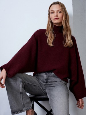 Dilvin 10817 Yün Karışımlı Yarasa Kol Kazak-Mürdüm