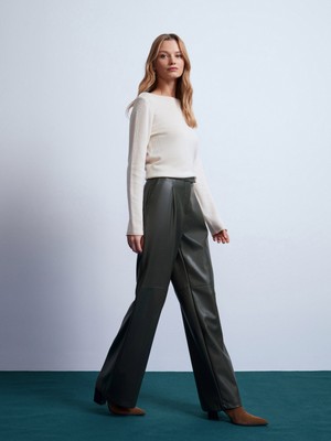 Dilvin 72238 Suni Deri Paçası Geniş Pantolon-Yeşil