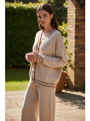 Mandala Tekstil Kadın Triko Hırka Pantolon Çizgi Detaylı Takım