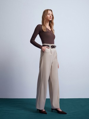 Dilvin 72246 Kemerli Yüksek Bel Pantolon-Taş