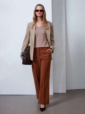 Dilvin 72252 Dikiş Detaylı Süet Görünümlü Pantolon-Taba