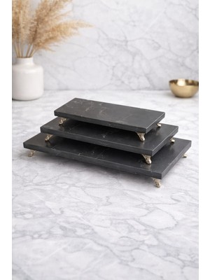 Lüks 3'lü Siyah Mermer Sunum Tepsisi Seti - Gümüş Ayaklı Dikdörtgen Sunumluk