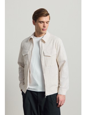 Danger Erkek Premium Keten Gömlek Ceket Ekru
