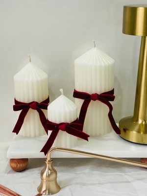 Birmiamu Premium Kokulu Vegan 3’lü Sütun Mum Seti | Kırmızı Kadife Kurdeleli