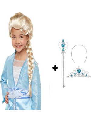 Örgülü Karlar Ülkesi Frozen Elsa Peruğu Tacı ve Sopası Çocuk Boy