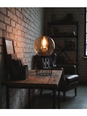 Decodelight Siyah Silindir Tel Ayaklı Bal 15 cm Glob Cam Şapkalı Mini Abajur Masa Lambası