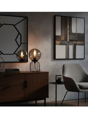 Decodelight Siyah Silindir Tel Ayaklı Bal ve Füme 15 cm Glob Cam Şapkalı Mini Abajur Masa Lambası