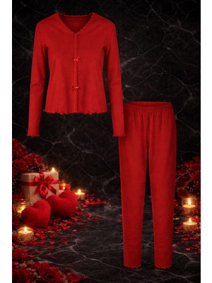 Koza İç Giyim Sevgililer Günü Temalı Kadın Pamuklu Dantel ve Kurdele/Fiyonk Detaylı Kaşkorse Renkli Pijama Takımı