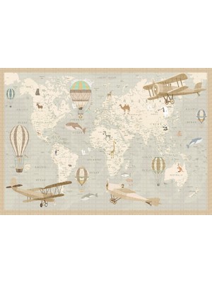 Arterior Wallpaper Dünya Haritası Uçaklar Balonlar Poster Duvar Kağıdı