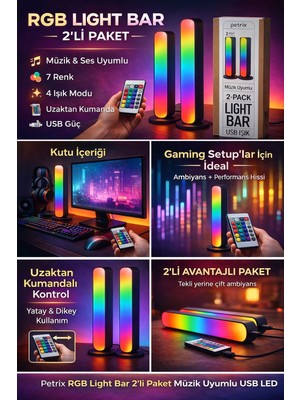 Petrix Rgb Light Bar 2’li Paket Müzik & Sese Duyarlı Uzaktan Kumandalı USB LED Işık