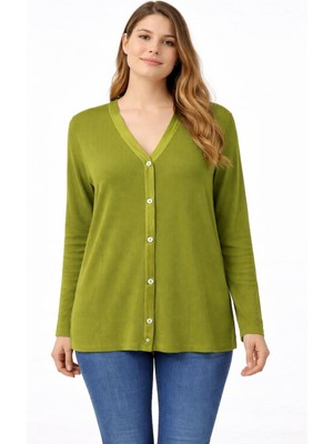 Şans Kadın Büyük Beden Yeşil, Saten Biye Detaylı Kaşkorse Hırka 65N39276