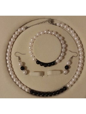 Aytens Takı Siyah&beyaz Inci Set, A Kalite Boncuk Inci Paslanmaz Çelik Kolye, Bileklik ve Küpe Takımı