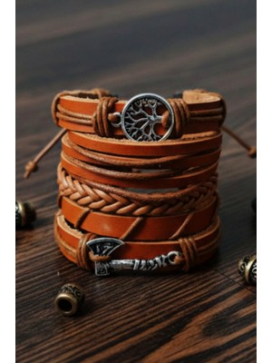 BSN Store Balta ve Hayat Ağacı Tasarım Taba 5 Adet Hakiki Deri Bileklik Moda Bileklik Hediye Bileklik