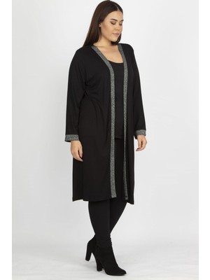 Şans Kadın Siyah Uzun Hırka Sim Detaylı %95 Viskon %5 Elastan Şık Tasarım