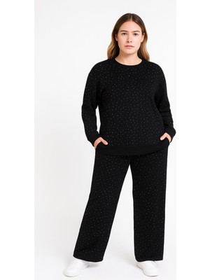 Şans Kadın Büyük Beden Siyah, Bisiklet Yaka, Taş Işli, Cepli Eşofman Takım 65N39248