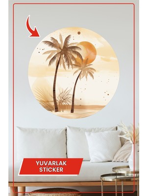 KOSS Dijital Palmiye Ağaçlı Yuvarlak Sticker Tropikal Gün Batımı Bej Tonlarda Minimal Boho Ev Ofis Dekoru