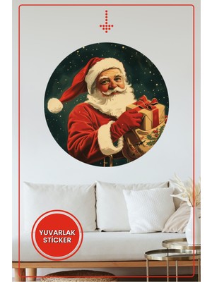 KOSS Dijital Noel Baba Yuvarlak Sticker Hediye Temalı Dekoratif Çıkartma Ev Ofis Yılbaşı Duvar Dekoru