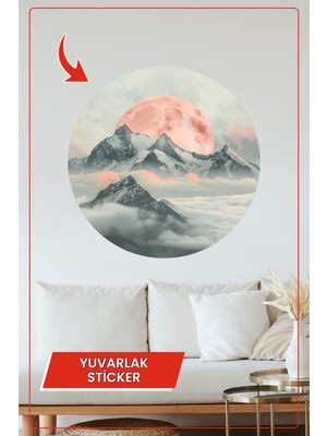 KOSS Dijital Pembe Ay ve Dağ Manzarası Yuvarlak Minimalist Modern Sanatsal Duvar Dekor Stickerı