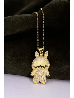 925 Ayar Gümüş Üzeri Altın Kaplama Taşlı Labubu Kolye