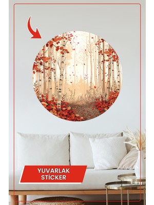 KOSS Dijital Sonbahar Ormanı Yuvarlak Sticker Kırmızı Yapraklı Ağaçlar Dekoratif Çıkartma Ev Ofis Duvar Dekoru