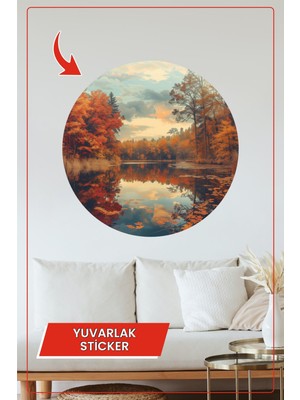 KOSS Dijital Sonbahar Renklerinde Orman ve Göl Manzaralı Yuvarlak Sticker Dekoratif Ev Ofis Duvar Süsü