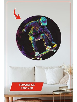 KOSS Dijital Neon Kaykaycı Tasarımlı Yuvarlak Sticker Modern Sokak Sanatı Duvar Dekoru Ev Ofis Aksesuarı