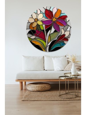 KOSS Dijital Vitray Desenli Çiçekler Yuvarlak Sticker, Yuvarlak Şekilli Sticker, Soyut Çiçekler Duvar Dekoru