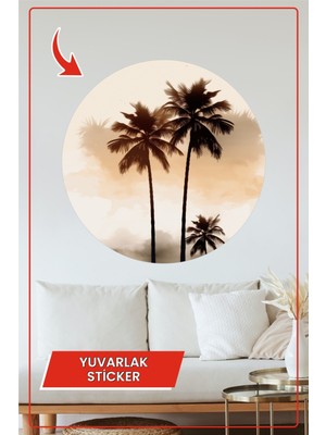 KOSS Dijital Hindistan Cevizi Ağaçlı Yuvarlak Sticker Tropikal Boho Stil Bej Tonlarda Dekoratif Ev Ofis