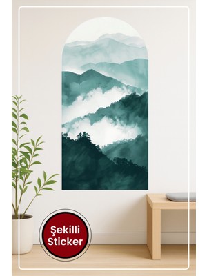 KOSS Dijital Oval Şekilli Dağ Manzaralı Sticker Yeşil Mavi Tonlu Huzurlu Görünümlü Dekoratif Duvar Sticker