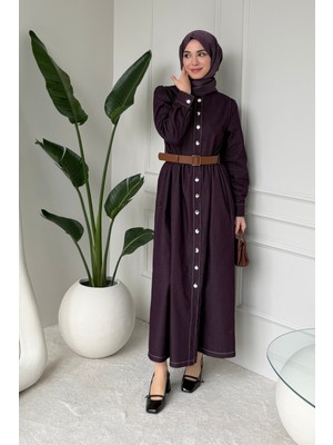 Tesettür Diyarı Laris Boydan Düğmeli Kemerli Denim Tesettür Elbise- Mürdüm