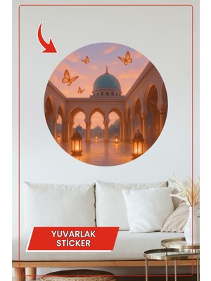KOSS Dijital Kubbeli Camii Gün Doğumu Yuvarlak Sticker Dekoratif Çıkartma Duvar Ev Ramazan Masalsı Tasarım