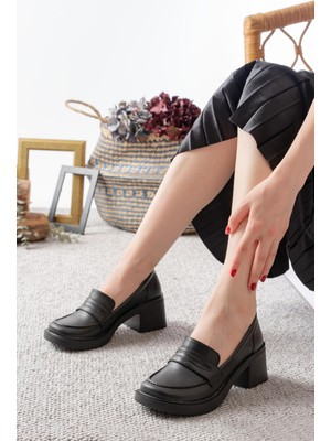 Asmi Shoes Kadın Melina Siyah Cilt 6 cm Topuklu Loafer Ayakkabı  Siyah
