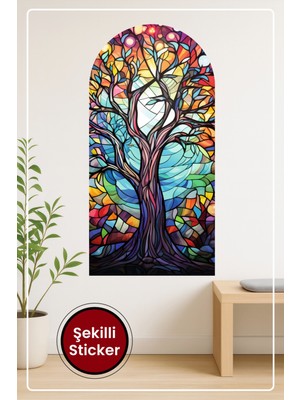 KOSS Dijital Oval Şekilli Sanatsal Vitray Sticker Renkli Ağaç ve Soyut Arka Plan Temalı Dekoratif Duvar Manzara