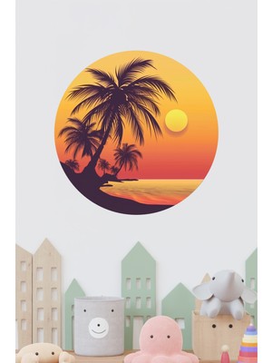KOSS Dijital Tropikal Gün Batımı Yuvarlak Sticker Palmiye Ağaçlı Sahil Manzara Dekoratif Çıkartma Ev Ofis
