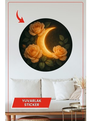 KOSS Dijital Altın Ay Gül Tasarımlı Yuvarlak Sticker Dekoratif Çıkartma Duvar Ev Ofis Mistik Çiçek