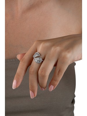 INNUENDO JEWELRY 925 Ayar Gümüş Çift Yaprak Motifli Full Taşlı Ayarlanabilir Yüzük Zirkon Taşlı Kadın Şık Gösterişli Gümüş Yüzük