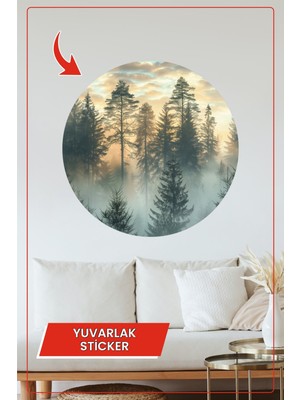 KOSS Dijital Sisler Arasında Gün Doğumu Temalı Yuvarlak Sticker Doğa ve Orman Duvar Dekoru