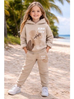 Riccotarz Kız Çocuk Digital Çiçek Baskı ve Aloha Crew Yazı Detaylı Bej Eşofman Takım