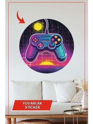 KOSS Dijital Retro Oyun Kolu Tasarımlı Yuvarlak Sticker Neon Renkli Gamer Tarzı Duvar Dekoru Ev Ofis Oyun Odası
