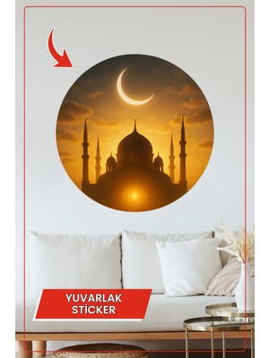 KOSS Dijital Cami Silüeti Gün Doğumu Yuvarlak Sticker Dekoratif Çıkartma Duvar Ev Ramazan Manevi Tasarım