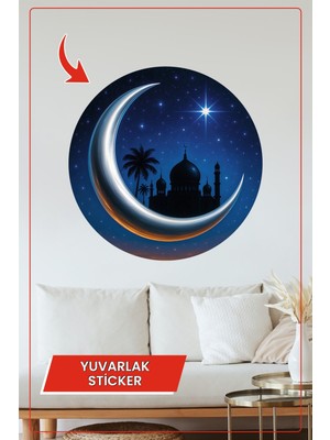 KOSS Dijital Hilal Ay Cami Tasarımlı Yuvarlak Sticker Dekoratif Çıkartma Duvar Ev Çocuk Odası Ramazan