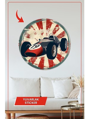 KOSS Dijital Retro Klasik Formula Yarış Arabası Illüstrasyonu Yuvarlak Sticker Tasarım Vintage Tarz Dekoratif