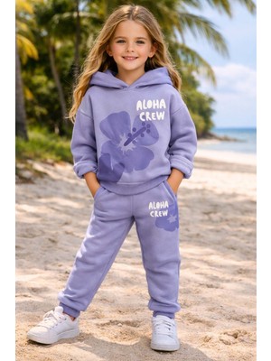 Riccotarz Kız Çocuk Digital Çiçek Baskı ve Aloha Crew Yazı Detaylı Lila Eşofman Takım