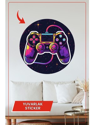 KOSS Dijital Neon Oyun Kolu Temalı Yuvarlak Sticker Retro Renkli Gamer Tarzı Duvar Dekoru Ev Ofis Oyun Alanı