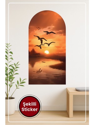KOSS Dijital Oval Şekilli Günbatımı ve Kuşlar Manzara Desenli Dekoratif Duvar Sticker Ev Ofis Salon Hol