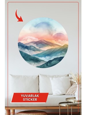 KOSS Dijital Pastel Renkli Dağ Manzarası Yuvarlak Sticker Bulutlu Huzurlu Doğa Duvar Dekoru