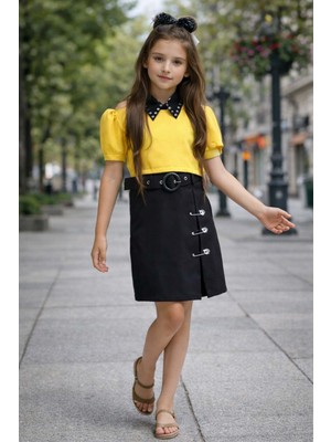 Riccotarz Kız Çocuk Gömlek Yaka Balon Kollu Sarı Bluz Çengel Detaylı Kemerli Etekli Takım